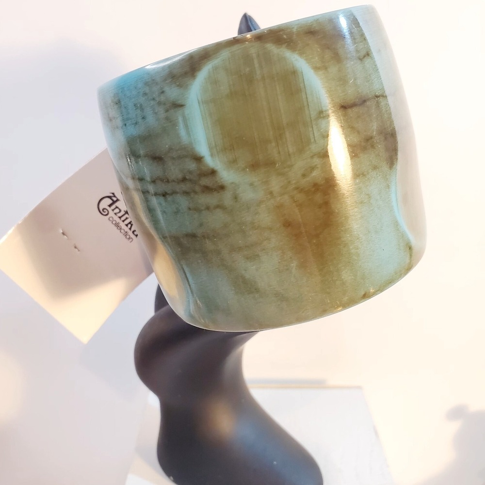 Wide Resin Bangle Bracelet Greenish/Blue Brown Tones w/ Indents Antika 3" India